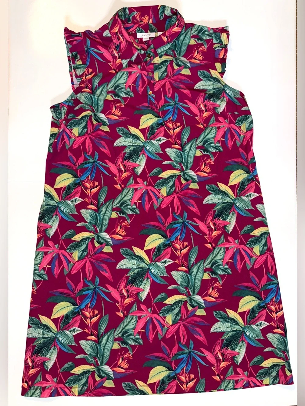 Chico's Zenergy Tropical Print Sleeveless Bungee Dress Size 2 Large EUC - Picture 1 of 8